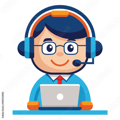 Cartoon vector illustration of customer support agent with laptop and headset