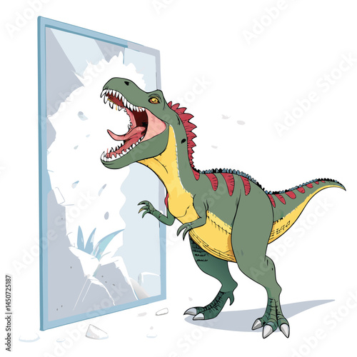 A cartoon dinosaur roaring, shattering a vintage green glass frame.  Emphasis on vibrant colors and comic book style.