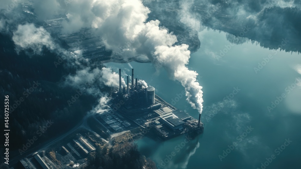 Fototapeta premium Power plant emitting smoke over lake, environmental impact.