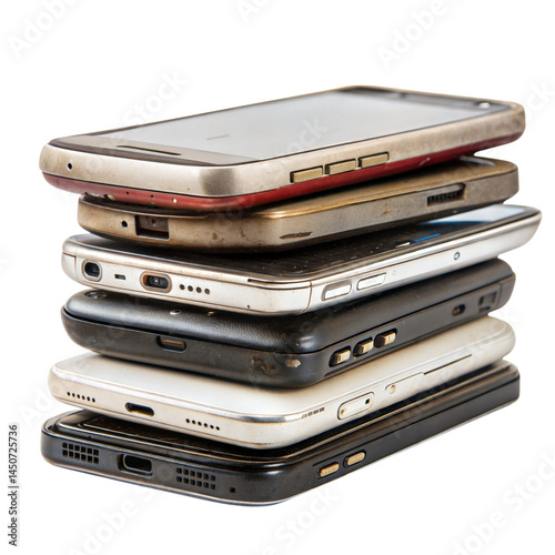 Stack of old vintage mobile phones isolated on transparent background.