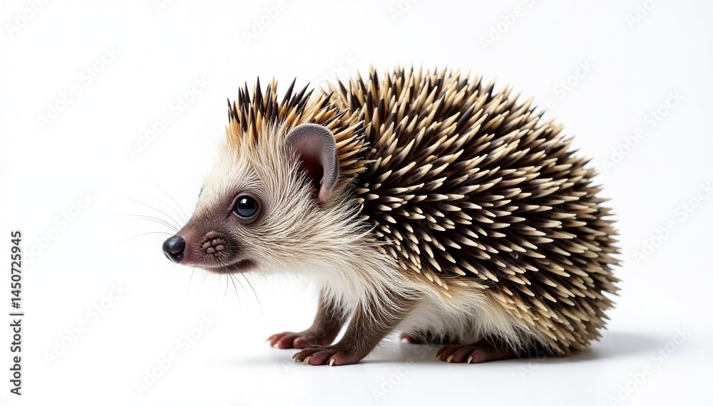 Naklejka premium Close-up of a hedgehog's spiny back against a stark white backdrop , texture, nature