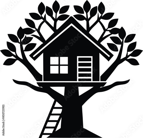 Black Silhouette Treehouse Icon with Ladder and Leaves