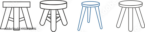 set of line stool with three legs. Colorful three legged stool. Stool icon or design elements collection.