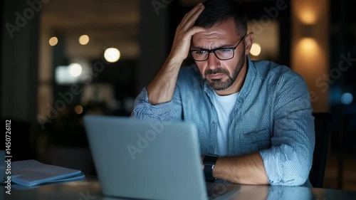 A man is sitting at a desk with a laptop open in front of him. He is wearing glasses and he is in a state of distress
