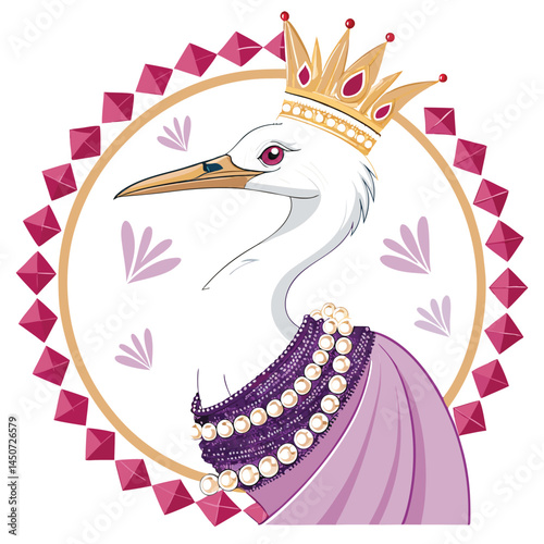 A graceful crane bird, elegantly attired in a queen's gown adorned with pearls, poised majestically.