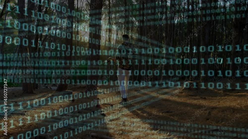 Man holding phone exploring sunlit pine forest, with floating binary code showcasing technology
