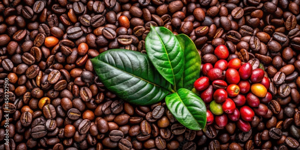 Obraz premium Coffee Beans, Fresh Leaves, and Red Berries A Visual Representation of the Coffee Plant's Life Cycle