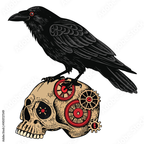 A steampunk crow, intricate clockwork gears replacing its eyes, perched on a skeletal branch, dark and moody aesthetic.