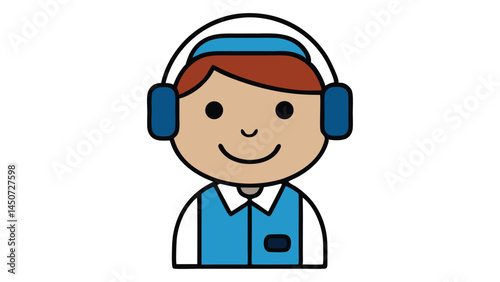 Cartoon worker with headphones wearing blue uniform customer support illustration