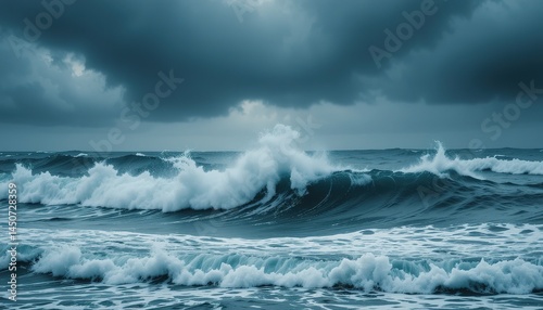 Dramatic Ocean Waves Crashing Under Stormy Sky