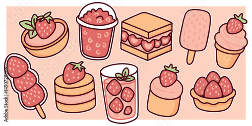 Strawberry snacks including tart, mousse, popsicle, cone and smoothie. Cute and colorful collection of treats