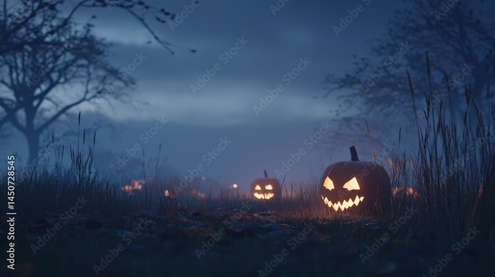 Obraz premium Spooky jack-o'-lanterns illuminate a foggy Halloween night. A chilling scene of autumnal mystery.