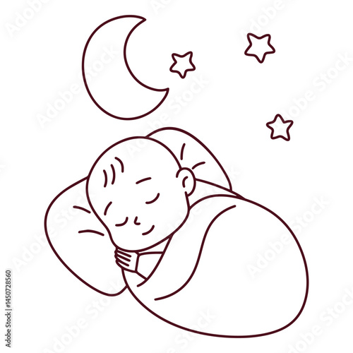 Black and white minimalist illustration of baby sleeping peacefully in crib with pillow during nighttime, conveying warmth, comfort, and protection