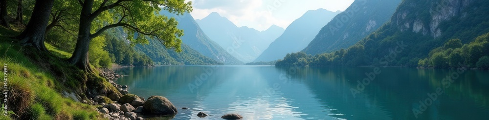 Fototapeta premium Serene mountain lake nestled amongst ancient trees , green, misty