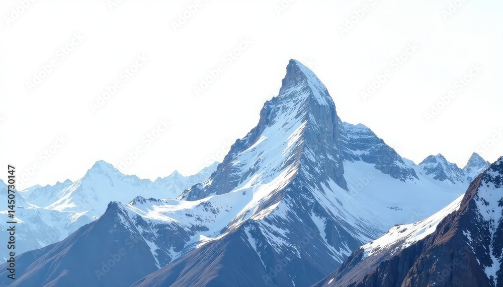 Obraz premium Snow-covered mountain peak against a stark white sky, nature, clean