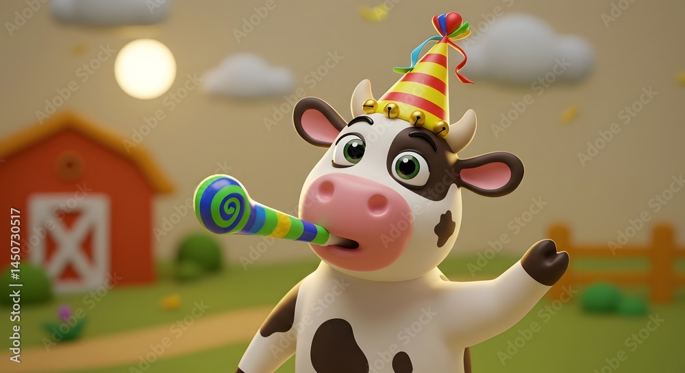 Fototapeta premium Cartoon Cow Celebrating with Party Horn and Hat on Farm Background