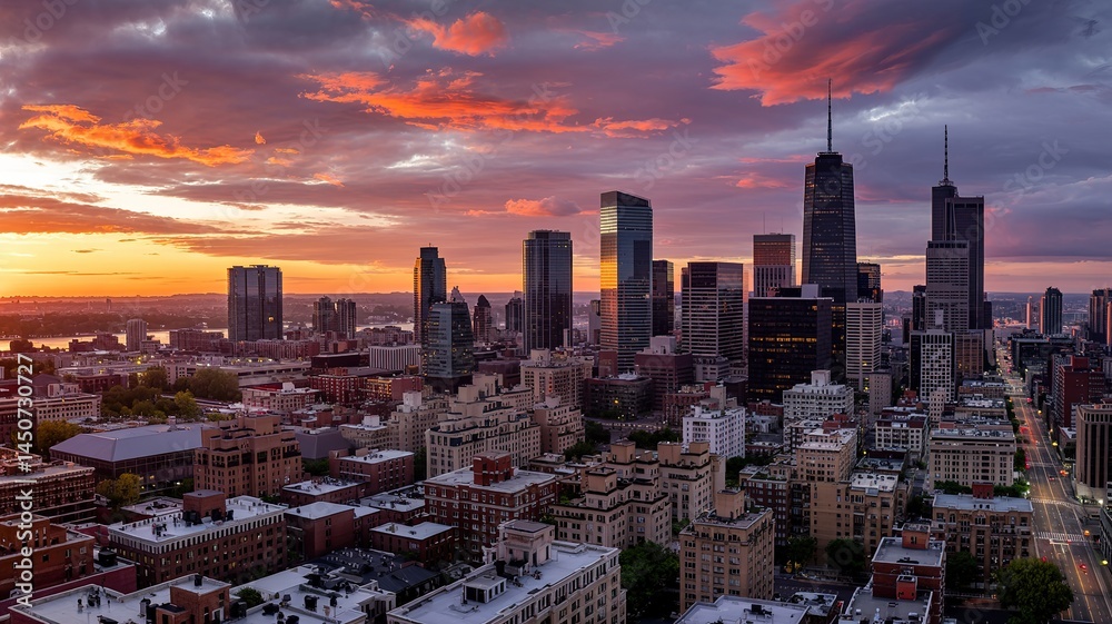 Obraz premium Dramatic Sunset Over Chicago Skyline with Fiery Clouds and City