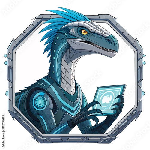 A cyberpunk raptor, neon-lit, chrome talons, holding a shimmering holographic projection of a cityscape within its claws.
