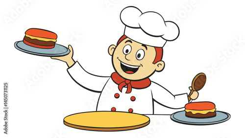 Cheerful cartoon chef character serving cake and preparing additional dessert