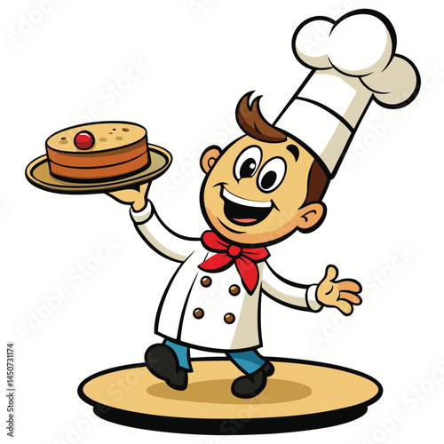 Cheerful cartoon chef serving delicious cake with cherry illustration