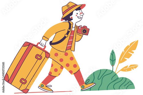 Cheerful tourist traveler walking with suitcase and camera ready to discover new destinations