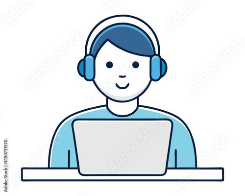 Customer support representative with laptop computer and headset illustration