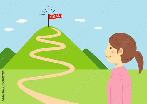 ゴール地点に旗がある山と女性のイラスト
