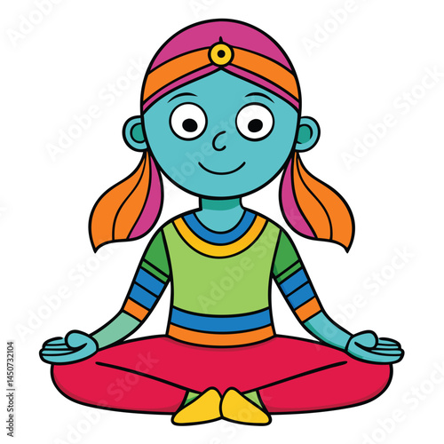 Cute cartoon girl in lotus position meditating colorful illustration