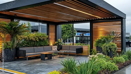Modern outdoor seating area with pergola