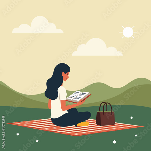 woman reading and picnic: outdoor activities, sites, cards, design for reading and vacation