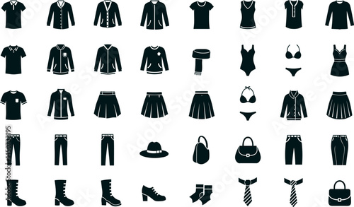 Clothing, fashion icon set. Vector glyph pictograms of shirt, dress, jacket, shoes, handbag, apparel, accessories and wardrobe black silhouette