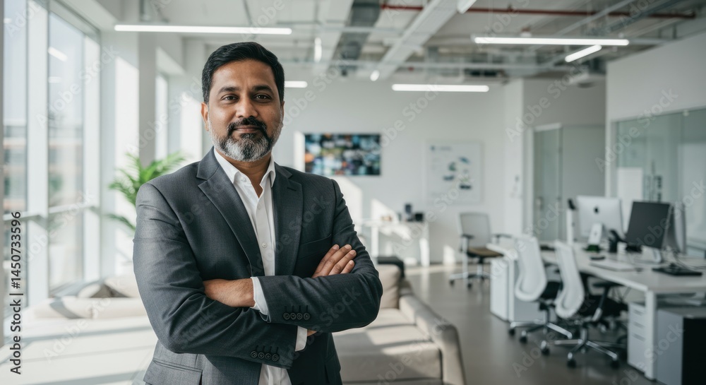 Man in suit stands with arms crossed in bright modern office space. Man in suit stands with arms crossed in bright modern office space.