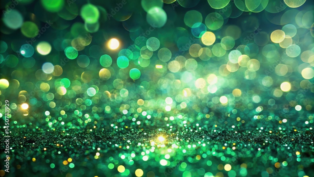 Obraz premium A shimmering emerald and gold background with defocused circular lights and sparkling glitter