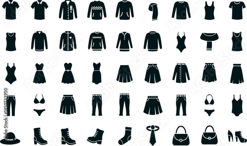 Clothing, fashion icon set. Vector glyph pictograms of shirt, dress, jacket, shoes, handbag, apparel, accessories and wardrobe black silhouette