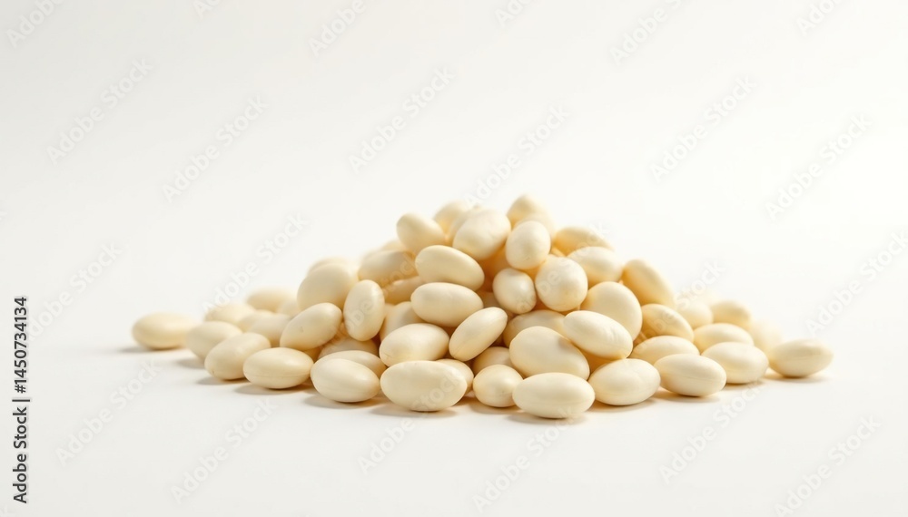 Pile of white beans against stark white backdrop, minimal, heap, organic Pile of white beans against stark white backdrop, minimal, heap, organic