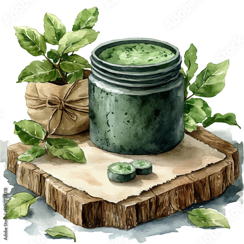 Facial Exfoliating Scrub Jar, watercolor vector, isolated on a white background.