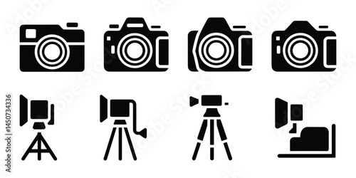 Camera and Video Equipment Icons Vector Set  Tripods DSLR Action Cameras Studio Gear.