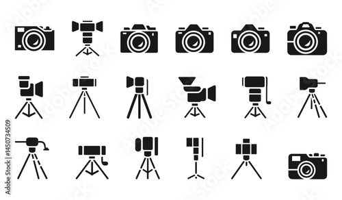 Camera and Video Equipment Icons Vector Set  Tripods DSLR Action Cameras Studio Gear.
