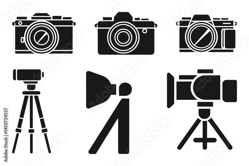Camera and Video Equipment Icons Vector Set  Tripods DSLR Action Cameras Studio Gear.