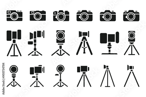 Camera and Video Equipment Icons Vector Set  Tripods DSLR Action Cameras Studio Gear.
