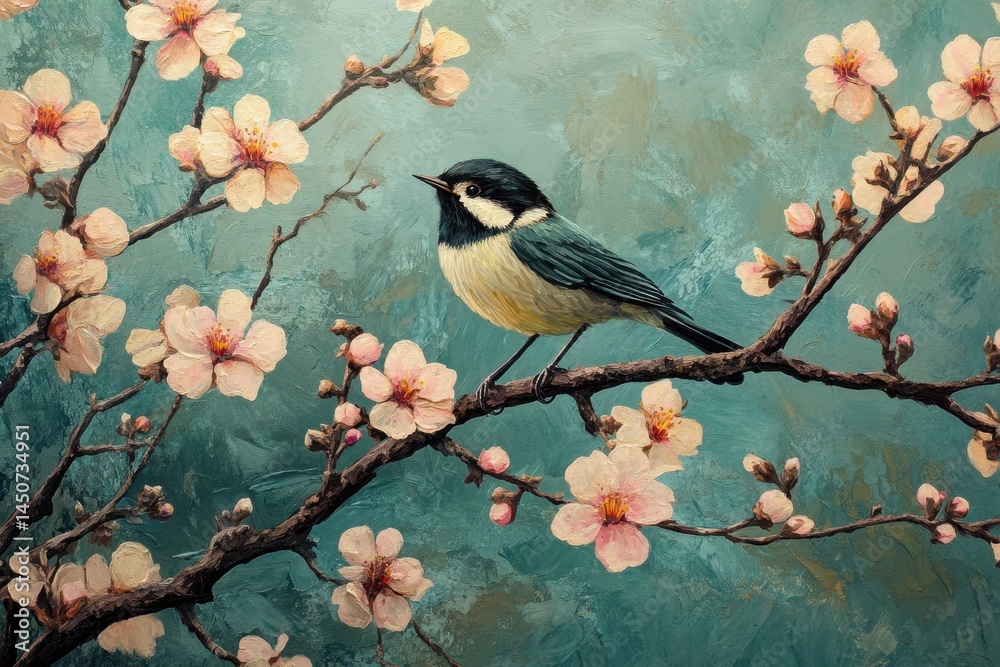 Obraz premium Bird sings a joyful melody on a flowering tree branch in early spring, bird sings a spring song on a flowering tree