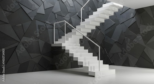 Modern White Staircase with Geometric Wall