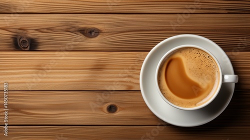 one white cup of coffee on a light wooden table with text space
