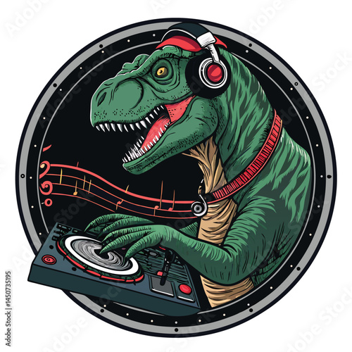 A Tyrannosaurus Rex DJ, sporting oversized headphones, mixes tunes using turntable claws.  Retro-futuristic, vibrant colors.