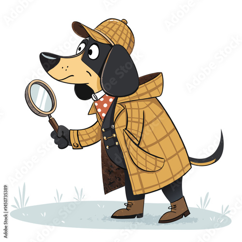 A dapper Victorian-era dog detective, wearing a deerstalker hat and coat, meticulously examines a clue using a magnifying glass.