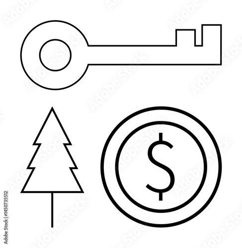 Key, dollar coin, and tree outline in minimal black lines. Ideal for finance, sustainability, security, investment, eco-business, business strategy simple landing page