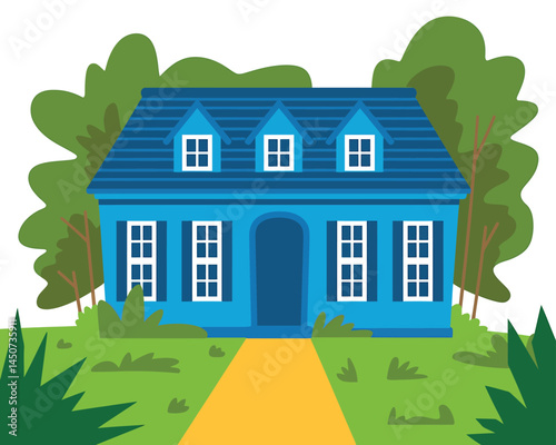 Charming Blue Two-Story House with Green Trees Illustration