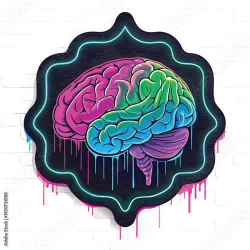 Vividly rendered digital artwork depicting a dripping neon brain within a graffiti-style frame, showcasing vibrant colors and a surreal aesthetic.