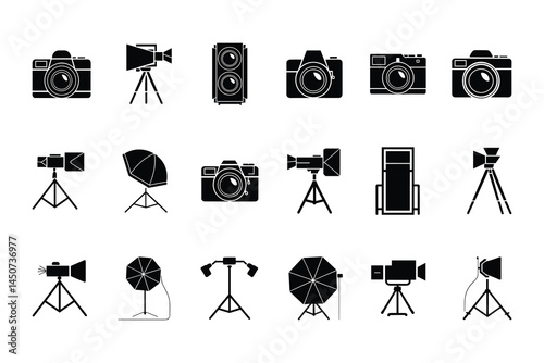 Camera and Video Equipment Icons Vector Set  Tripods DSLR Action Cameras Studio Gear.
