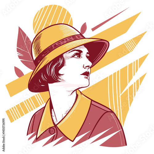 Stylish woman in a wide-brimmed hat, posed against a vibrant, abstract background featuring swirling colors and textures.  Emphasis on fashion and artistic expression.